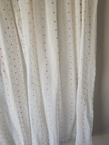 Vintage 40s Curtains 3 Panels Sheer Yellow Red Green Polka Dot Retro Kitchen - Picture 3 of 10