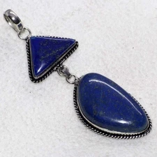 925 Silver Plated Long Lapis Lazuli Pendant Jewelry Size 3.1" GW