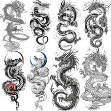 8 Sheets Cool Dragon Temporary Tattoos for Men Women Adults, Black Realistic Dra