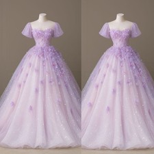 Sparkly Light Purple Wedding Dresses with Florals Short Sleeves Bridal Gowns