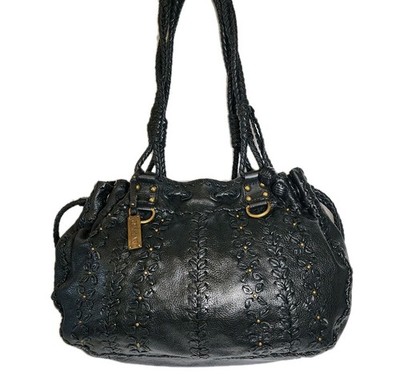 LOCKHEART VINTAGE BLACK STUDDED JENNA CRISS CROSS LEATHER DRAWSTRING HANDBAG$750