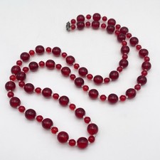 Vintage Beaded Necklace Bright Red And Clear Glass Beads 31  