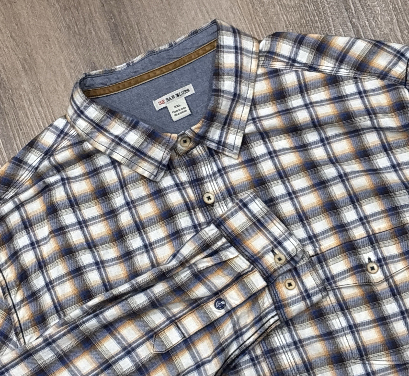 32 Bar Blues Shirt Mens XXL Plaid Flannel Cotton Long Sleeve White Blue Brown