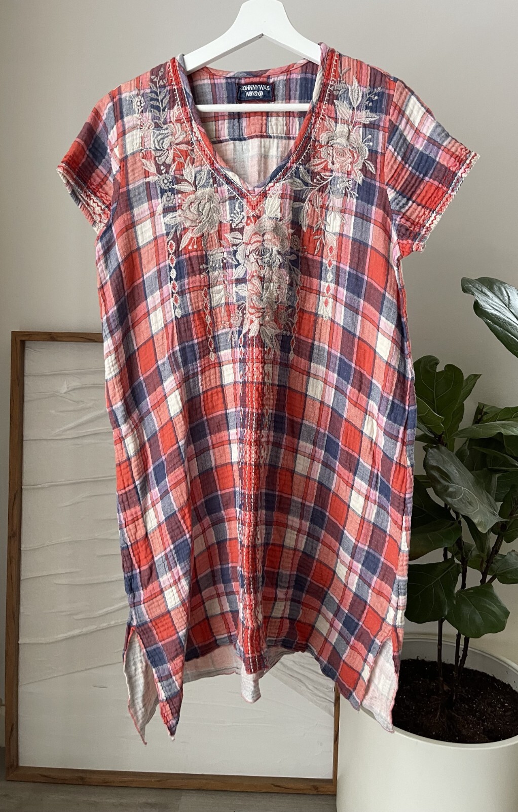 Women's JOHNNY WAS Workshop Floral Embroidered Plaid Tunic Dress Size Small S