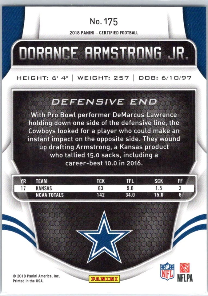 2018 Panini Certified #175 Dorance Armstrong Jr. Mirror Silver #/499 - Image 2 of 2