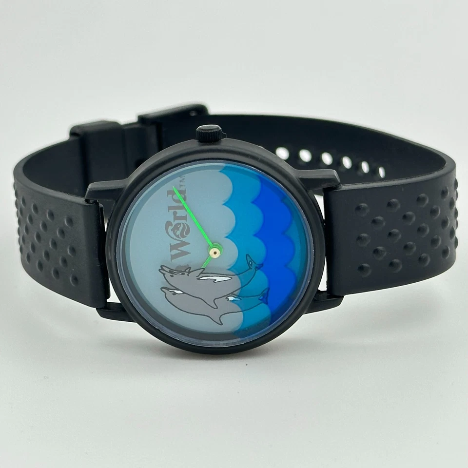 Винтажные 1990-е унисекс SEA WORLD плавания дельфины черный/синий загадочный циферблат часов - Изображение 3 из 4
