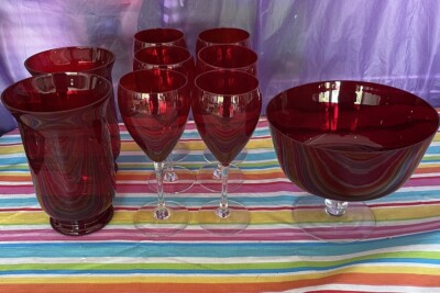 Glassware Ruby Red Balloon Goblet Wine Glass 6, 2 Vases, 1 stemmed Bowl