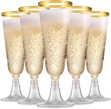 100 Pack Gold Plastic Champagne Flutes, 5 Oz Clear Plastic Toasting Glasses F...