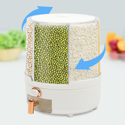 Dry Food Dispenser Cereal Keeper 9.92LBS Rice Storage Container 6 Grid Rotatable
