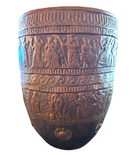 Vintage Greek Pottery Vessel Ancient Mythology Copper Patina Tone Heavy 8"