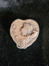Vintage Art Nouveau heart-shaped metal belt buckle with Victorian woman