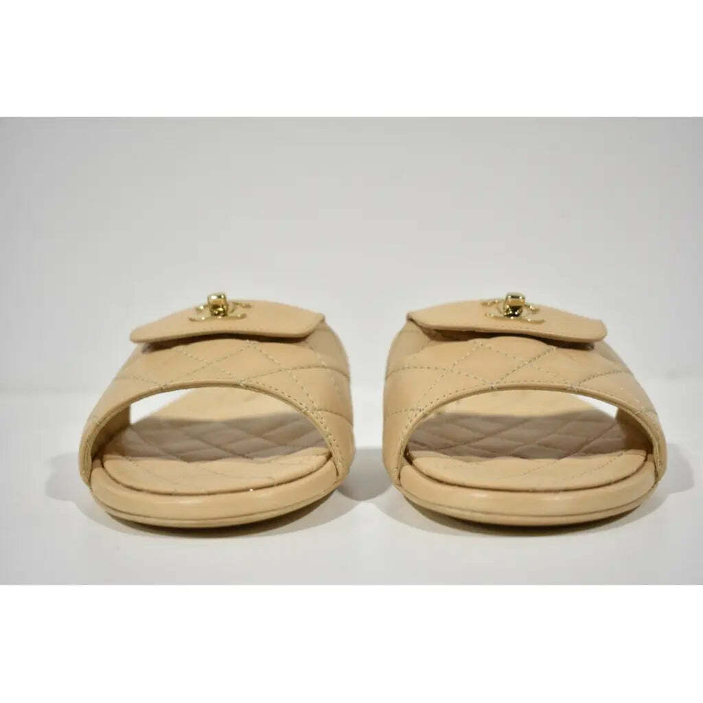 Chanel REV Beige Turnlock Quilted Gold CC Logo Mules Slide Sandal