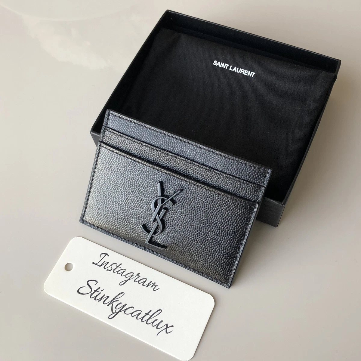 Shop Saint Laurent BUSINESS CARD CASE IN GRAIN DE POUDRE EMBOSSED