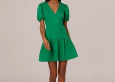 Adrianna Papell Women's Green Short Puff Sleeve Tiered Dress Size 6