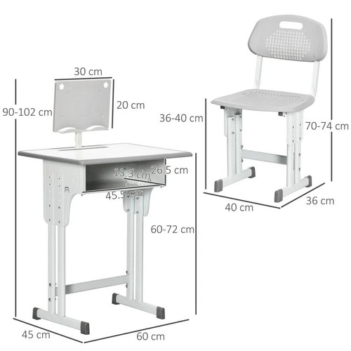 Kids Desk and Chair Set Adjustable Height Study Table w/ Book Stand - Grey - Picture 3 of 9
