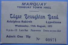 Edgar Broughton Band Ticket August 11, 1971 Town Hall, Torquay, Devon, England