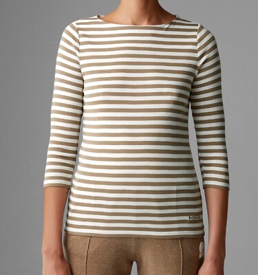 BOGNER Louna Striped Top 3/4 Sleeve 100% Cotton White Brown Size 42 New