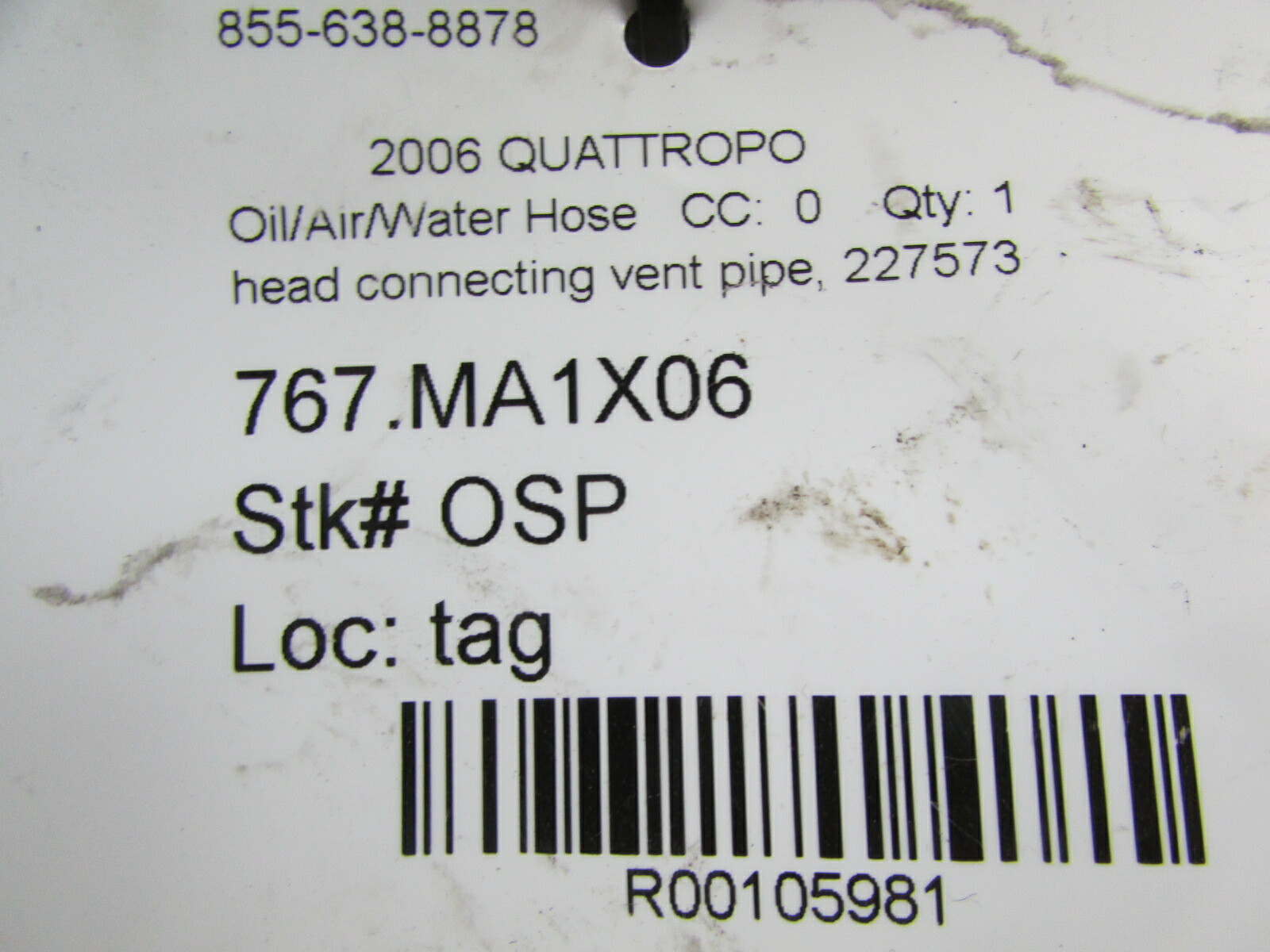 Maserati Quattroporte, Head Connecting Vent Pipe, Used, P/N 227573