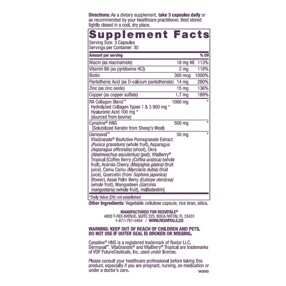 ResVitále Beauty 3 Suplemento para el Cuidado de la Piel, Colágeno, Queratina y Elastina 90 Cápsulas Foto 2 de 4