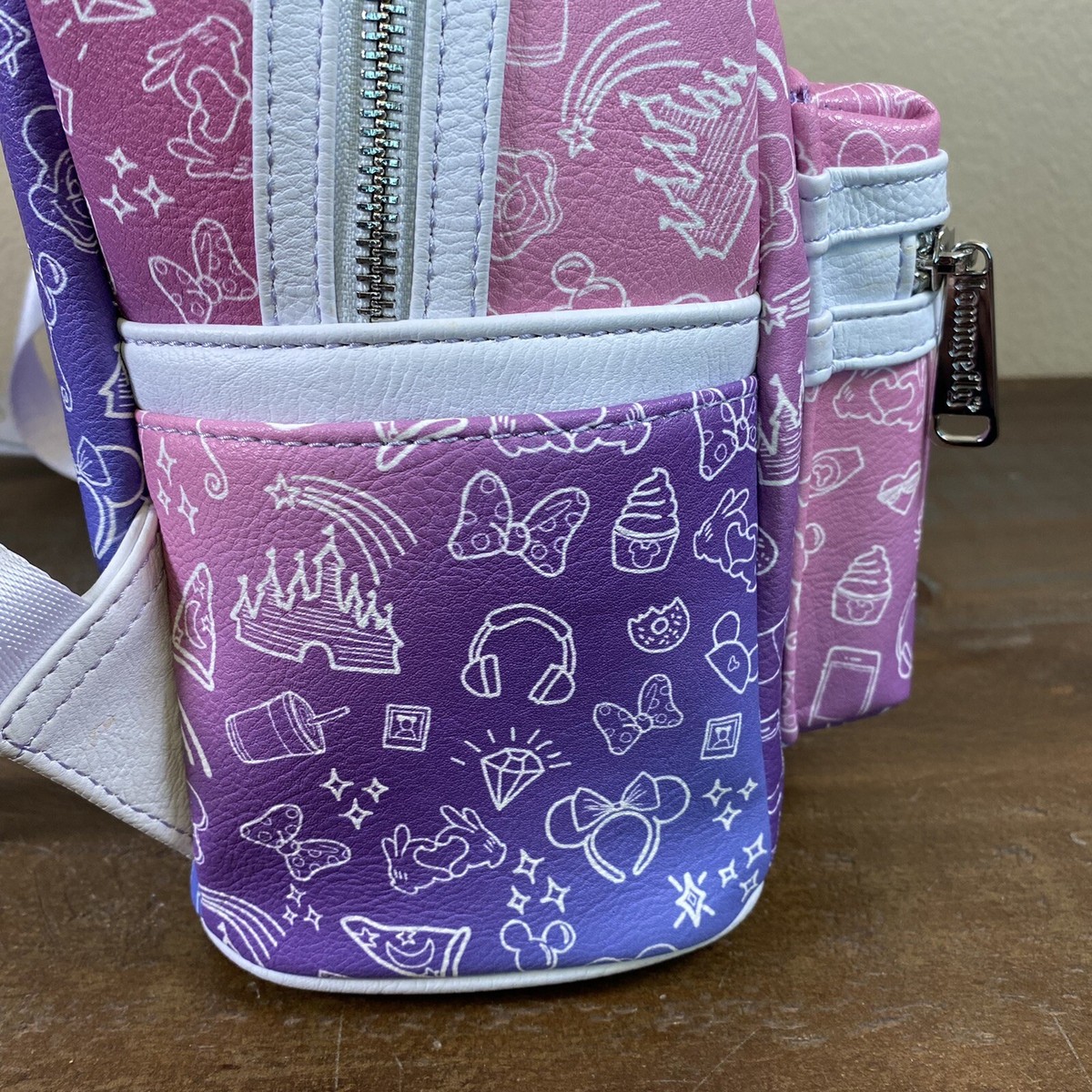 Loungefly Disney Parks Pink Purple Ombré Mini Backpack Faux Leather 11x9x4 Loungefly Disney Parks Ombre Purple Pink Icons Mini Backpack  main image 3