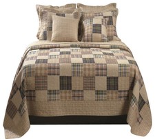 BEAUTIFUL CLASSIC COTTON IVORY TAUPE BEIGE BLUE GREEN RED CABIN PLAID QUILT SET