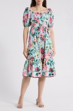 NWT Eliza J Aqua Floral Puff Sleeve Flounce Midi Dress Size 10 Pockets back zip
