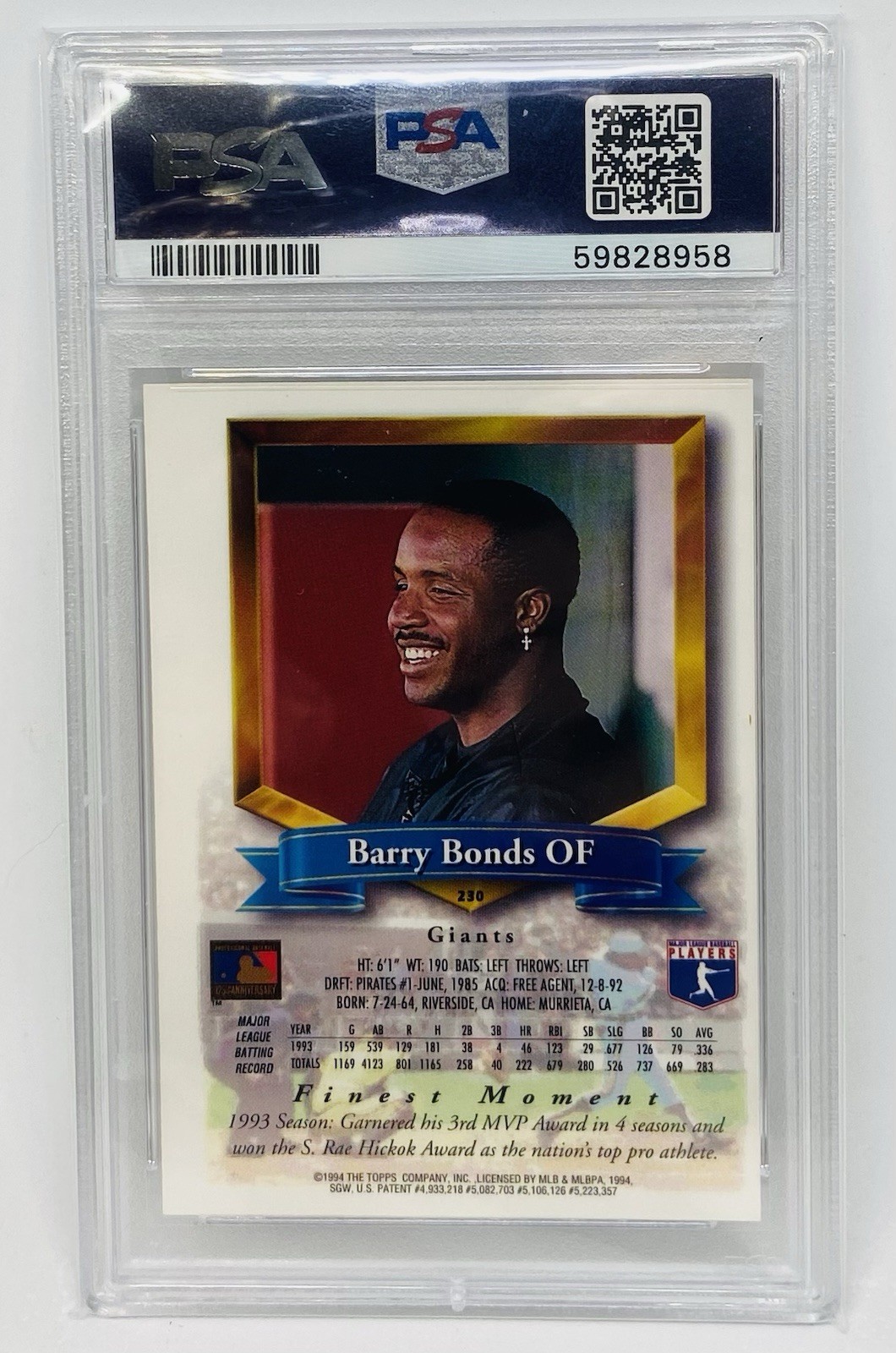 1994 FINEST | REFRACTOR #230 BARRY BONDS PSA 8 view 2