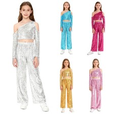 Kids Girls Jazz Dance Performance Costume Sequin Tassels Crop Top with Pants