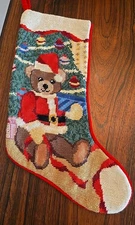 Vintage Christmas Stocking Wool Needlepoint Velvet Backing Santa Bear 17”