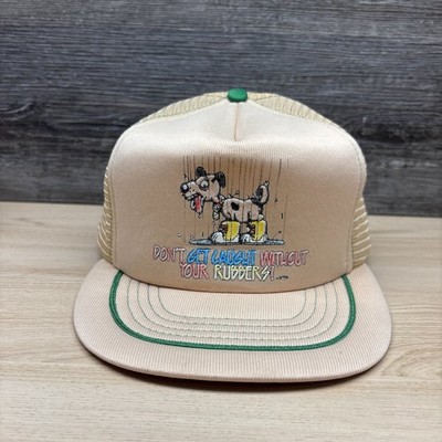 Vintage Don't Get Caught Without Rubbers Hat Snap Back Beige Trucker Funny 90s