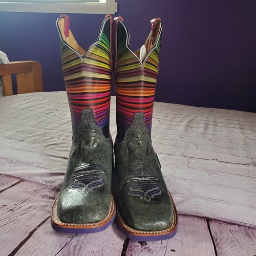 Stivali in pelle multicolore antracite bordo cinch western punta quadrata slip-on taglia 11B - Foto 4 di 21