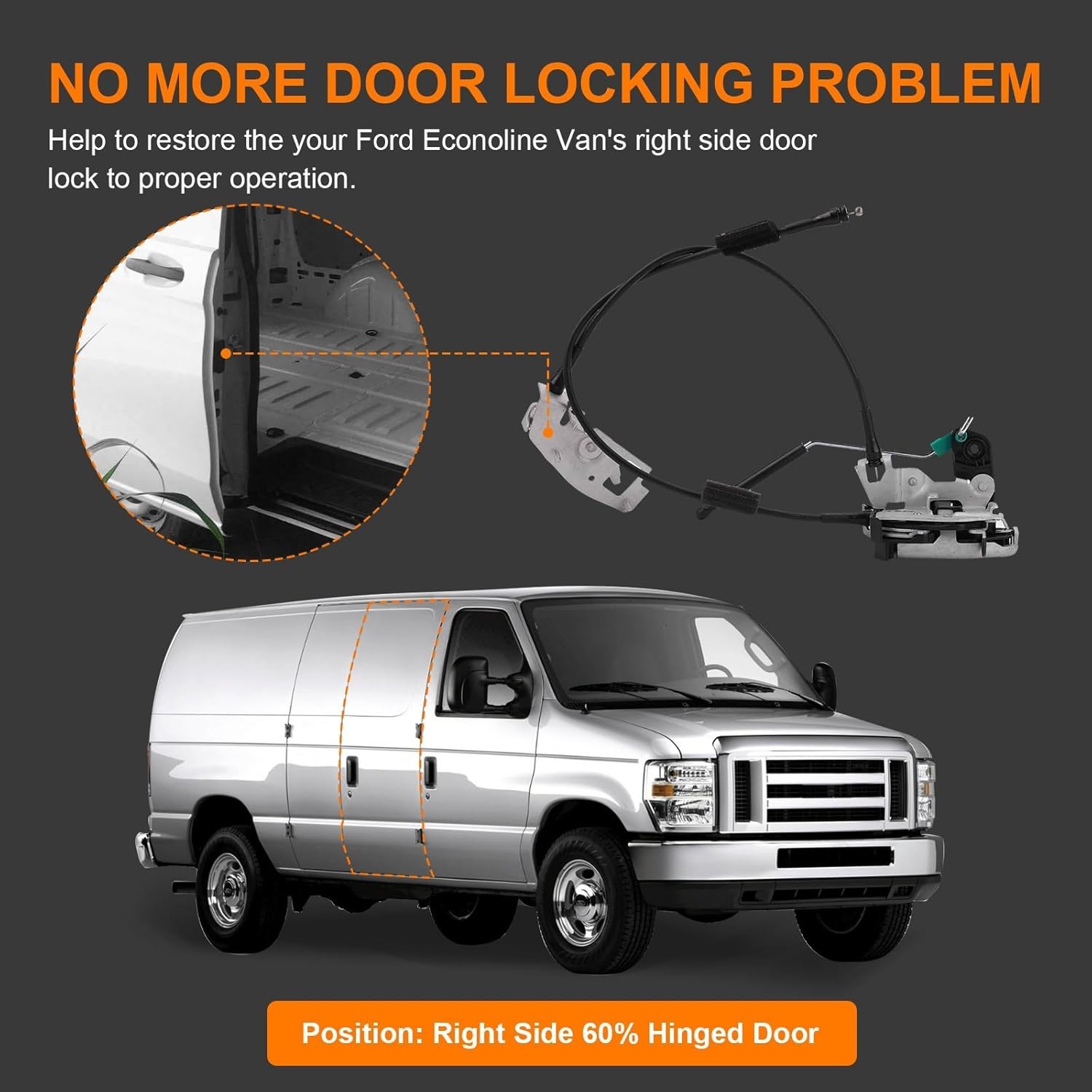 Replacement Door Latch Assembly & Cable Rod for Ford E150 E250 E350 - Right Side