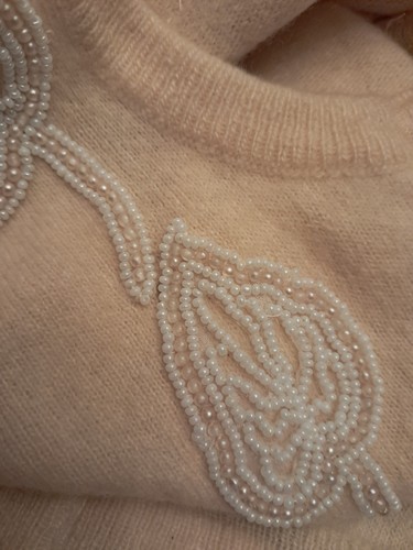 1950s? DALTON 100% Cashmere Beaded Sweater Creamy Yellow Pearlized Buttons ISSUE - Picture 9 of 24