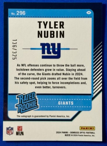 2024 Panini Optic Rated Rookie Auto Tyler Nubin RC 136/325 #296 Giants - Picture 2 of 3