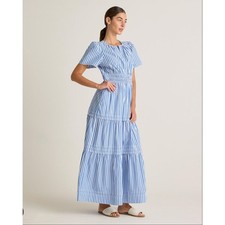 Quince Poplin Tiered Maxi Dress Cotton Blue White Large