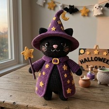Handmade Crochet Wizard Black Cat Amigurumi Halloween Spooky Toy Plush