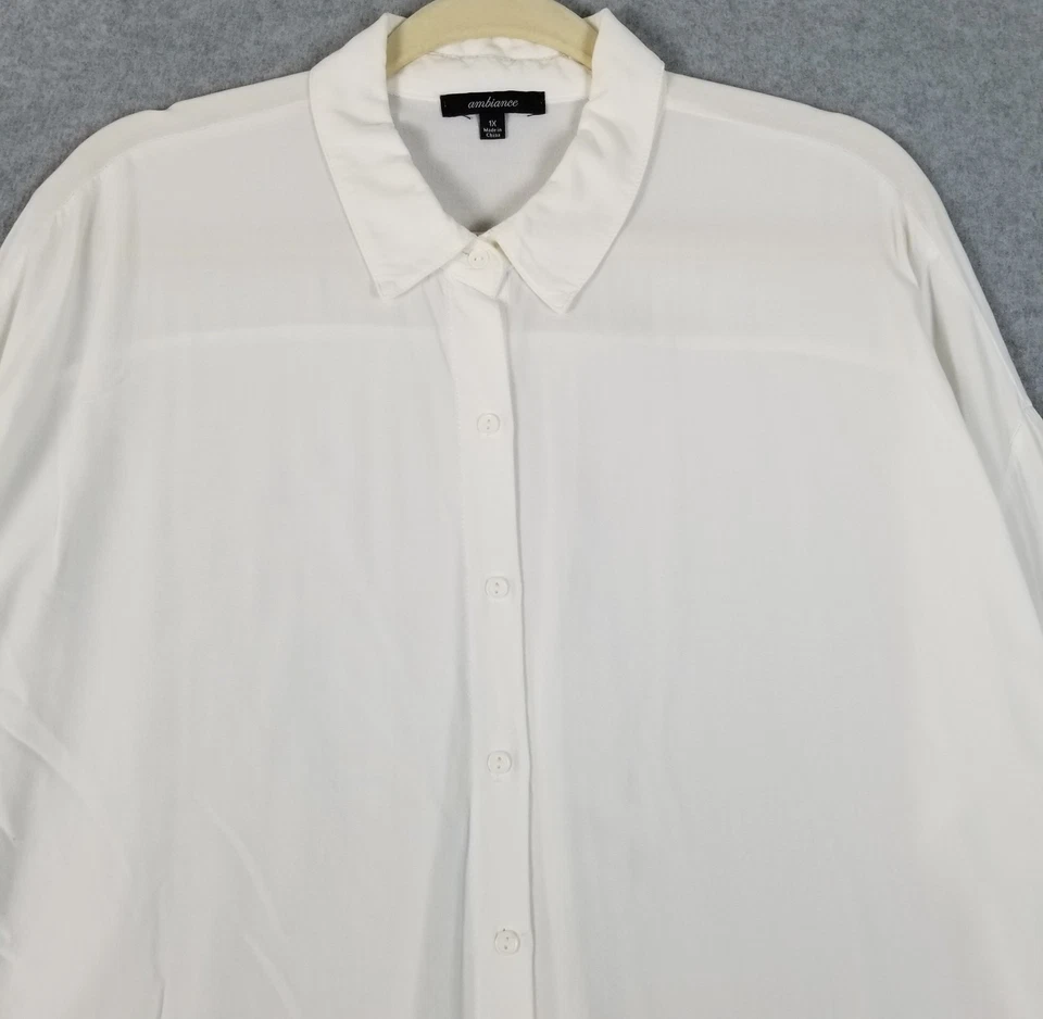Camisa Ambiance Abotonada Para Mujer’s 1X Plus Blanca Manga Larga Transparente Delgada Top Rayón Foto 2 de 4