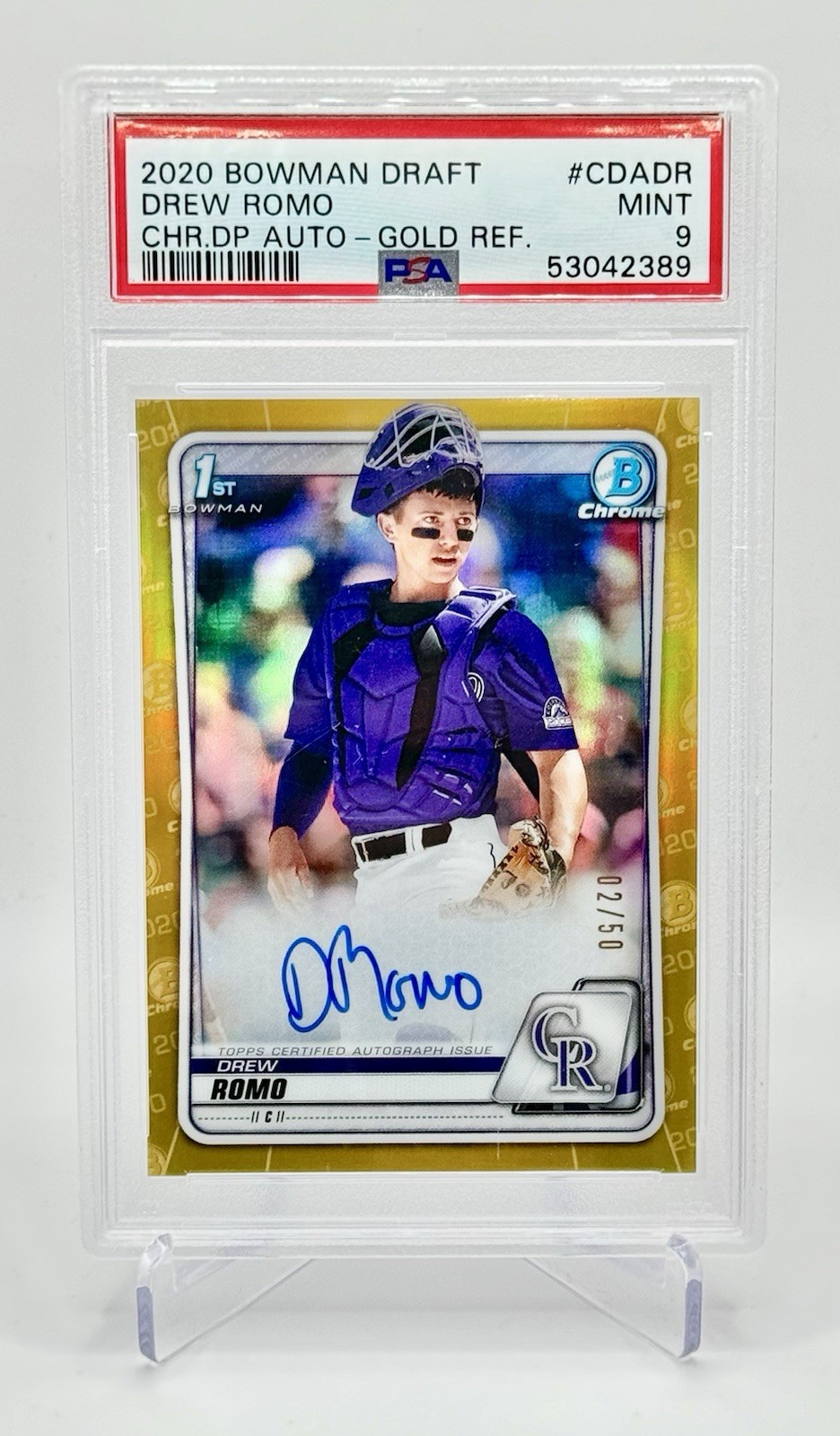 Drew Romo 2020 Bowman Draft Chrome 1st Auto RC Gold Refractor /50 #CDADR - PSA 9