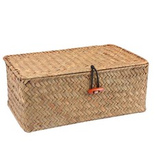 Large Wicker Shelf Basket with Lid Handwoven Seagrass Storage Bin Natural