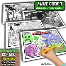 Minecraft Colouring Activity Placemats – 12 Pack – Kids A3 Sheets – 12 Designs
