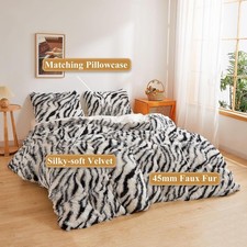 XeGe 3 Pc Queen Duvet Cover Set, Zebra Print, Faux Fur Black/White, Plush Shaggy