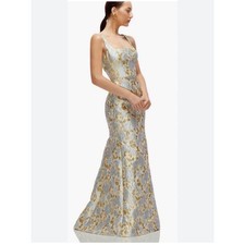 Dessy Collection Metallic Brocade Gown, Sz 4 Winter Mist/gold-blue+gray
