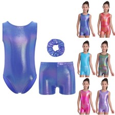 Kids Girls Set Dance Outfit Ballet Dancewear Shiny 3-Piece Hairband Metallic