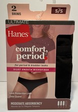 Hanes Womens Period Bikini Underwear 2-Pack Moderate Leak Protection Size 5/S