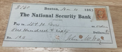 KAPPYS  1867 CANCELLED CHECK REVENUE STAMP ATTACHED  K267