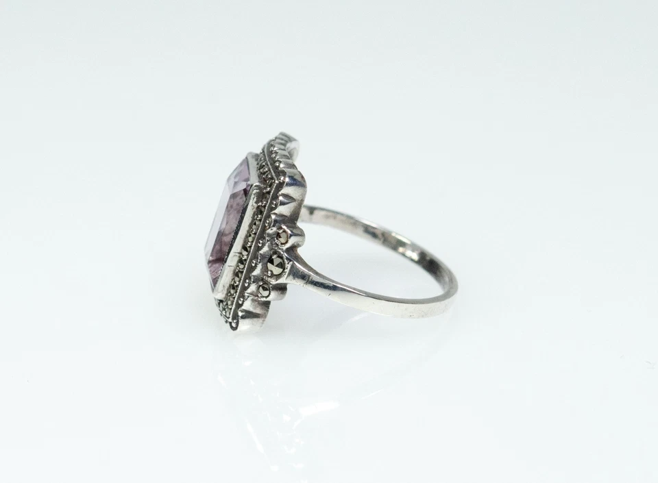 830 Argento - Antico Art Deco Anello - Naturale Ametista - Markasite - Immagine 3 di 4