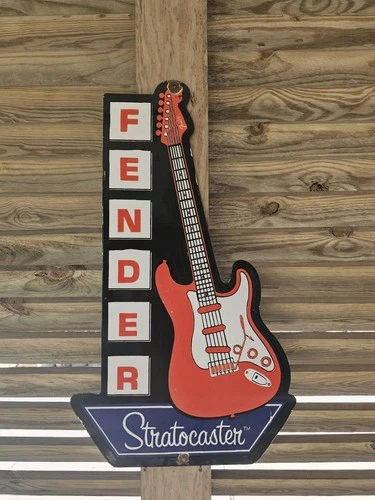 LARGE VINTAGE  FENDER STRATOCASTER PORCELAIN SIGN 30" NICE DEALER STORE SIGN