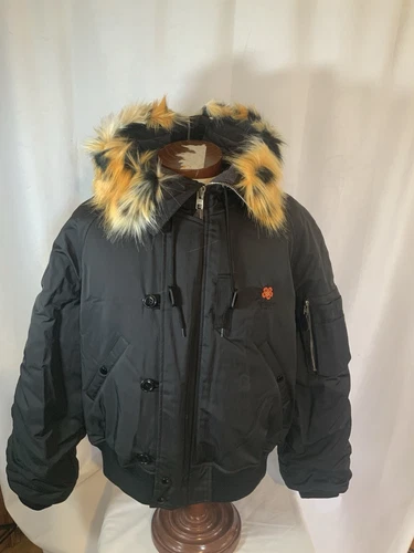 KENZO Giacca Uomo Felpa con Cappuccio Boke Fiori Cappotto Corto Parka Ecopelliccia di Tigre Taglia L