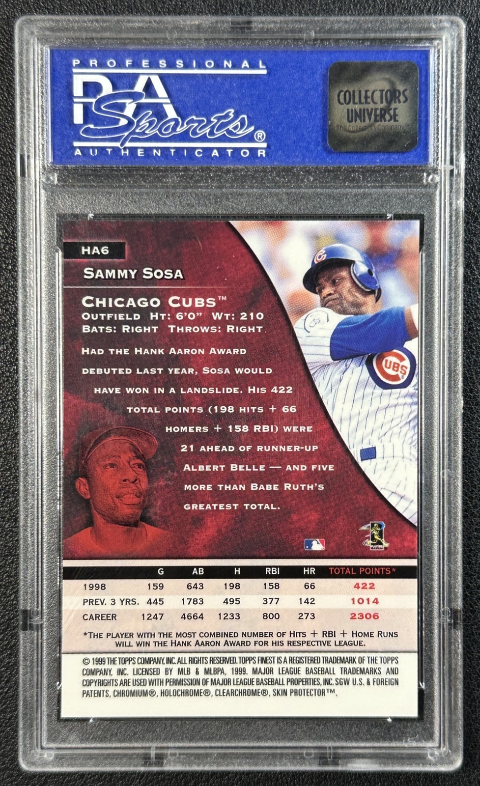 SAMMY SOSA PSA 10 1999 TOPPS FINEST #HA6 AARON AWARD CONTENDERS CUBS 9225 view 2
