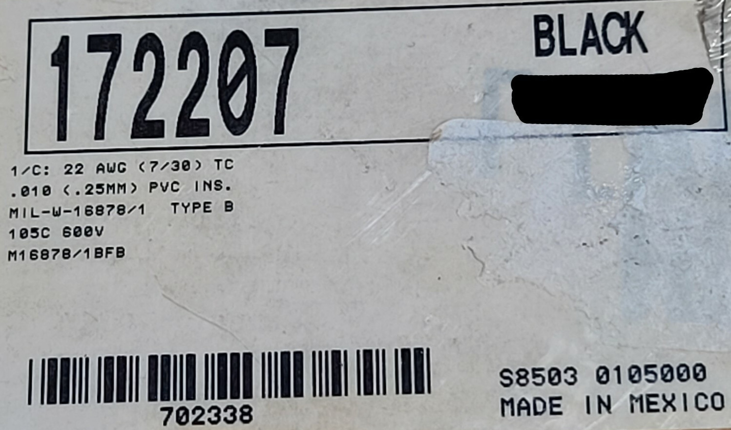 Alpha Wire 172207 #22awg Tinned Copper M16878/1BFB Hook-Up Wire 600V Black/100ft